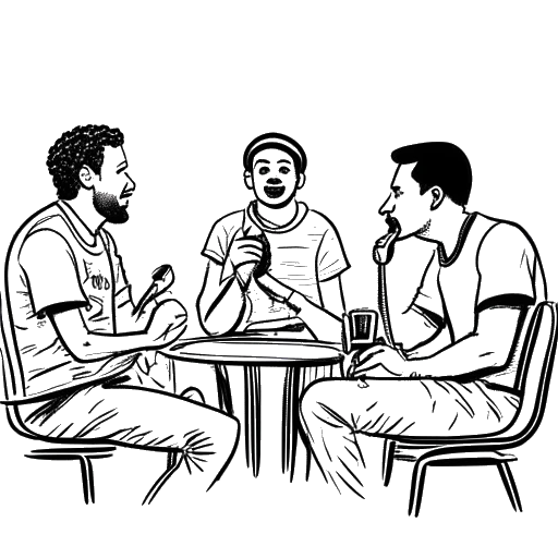 A simple line drawing of Theo Baker, REEV, and Tom Garrett sitting around a microphone, engaged in a passionate discussion about football. The image represents their camaraderie and dynamic as podcast hosts.