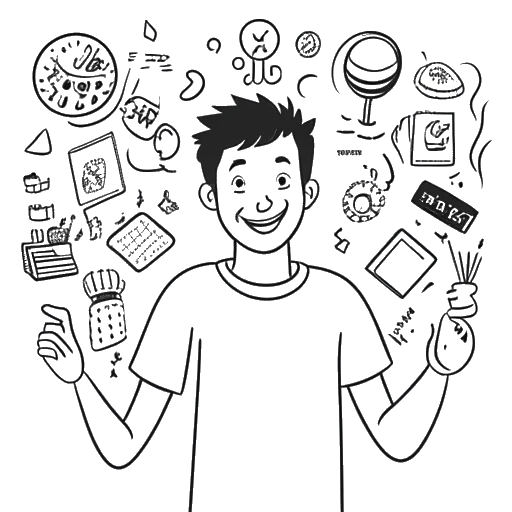 Line art drawing of a man representing Theo Baker, with short hair and casual attire, actively participating in activities that generate income, such as playing football, recording YouTube videos, hosting podcasts, and making sound investments. The illustration should exude success and positivity, possibly with dollar signs subtly present, against a white background.