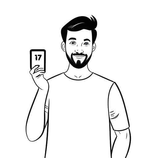 Dibujo de arte lineal de un hombre, representando a Theo Baker, sosteniendo un Botón de Play de YouTube y celebrando haber alcanzado 1 millón de suscriptores.