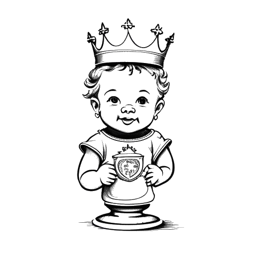 Line art drawing of a toddler, representing Theo Baker, holding a trophy and wearing a crown and a sash that reads 'Baby of the Year'.