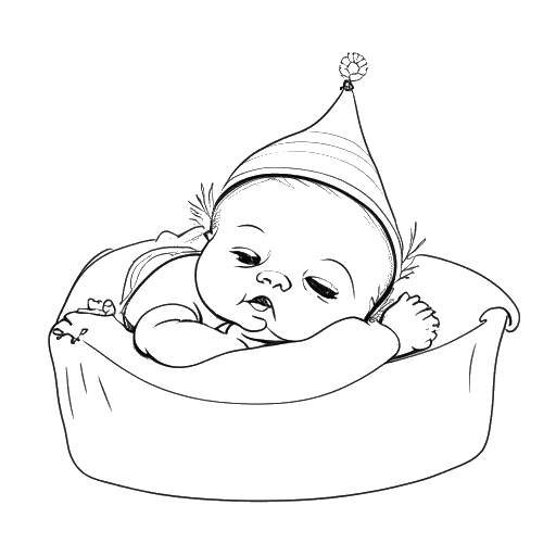 Desenho de contorno de um bebê, representando Theo Baker, deitado em um berço com um chapéu de aniversário.