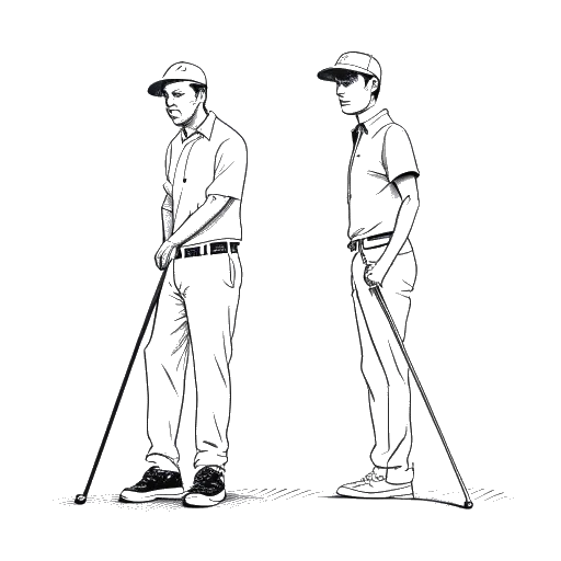 Strichzeichnung von zwei Männern, die Theo Baker und W2S darstellen, die Golf spielen.