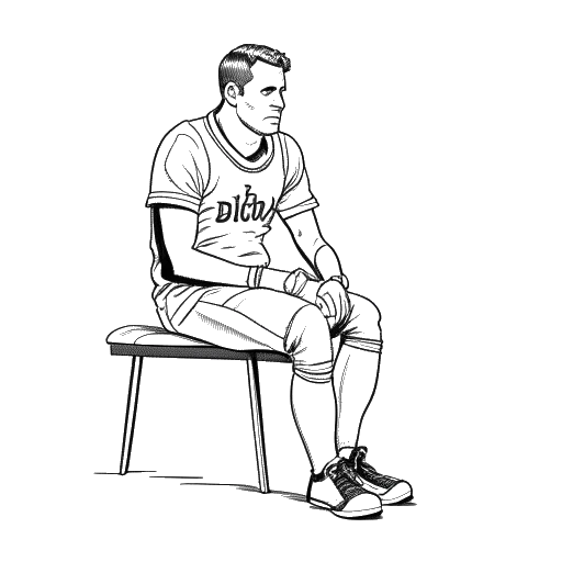 Line art drawing of a man, representing Theo Baker, sitting on the sidelines with a bandaged leg and holding a captain's armband.