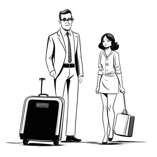 Line art drawing of a man, representing Theo Baker, holding a suitcase and standing in front of a plane, with a woman, representing Jodie Hopcroft, looking surprised.