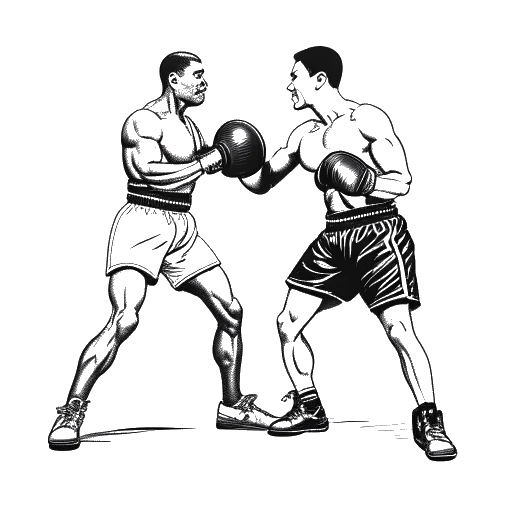 Desenho de contorno de dois homens, representando Theo Baker e Joe Weller, lutando em um ringue.