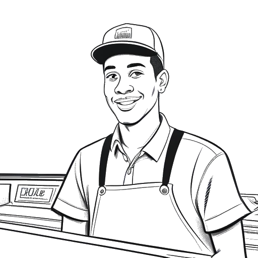 Dibujo de arte lineal de un joven, representando a Theo Baker, trabajando detrás del mostrador en McDonald's.