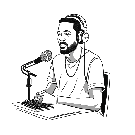 Desenho de contorno de um homem, representando Theo Baker, sentado na frente de um microfone e gravando um podcast de futebol.