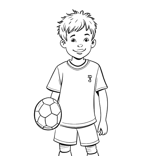 Desenho de contorno de um jovem, representando Theo Baker, jogando futebol com amigos na escola.