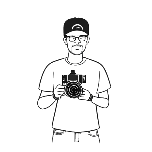 Line art drawing of a man, representing Theo Baker, holding a video camera and standing in front of a YouTube logo.