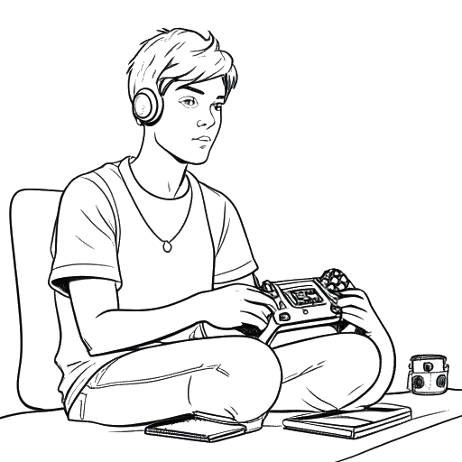 Desenho de contorno de um jovem, representando Theo Baker, segurando um controle de videogame e sentado em frente a um computador.
