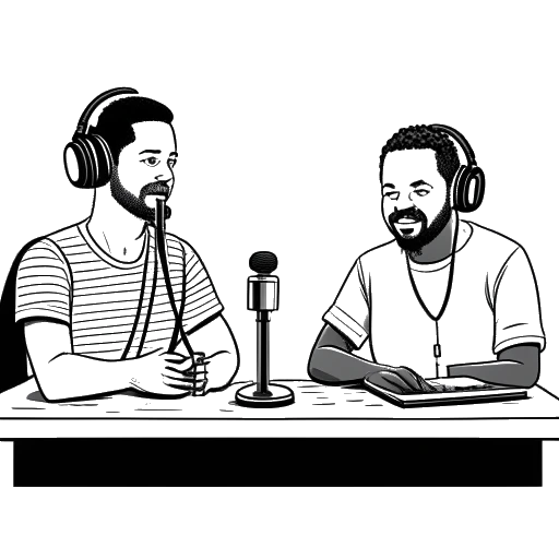 Line art drawing of two men, representing Theo Baker and his co-host, sitting in front of microphones and recording a podcast.
