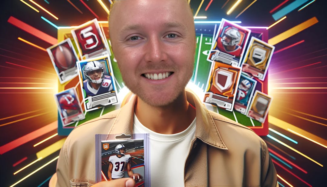 Theo Baker, a charismatic content creator, holding football-themed collectible card packets with vibrant colors in the background. He looks straight into the camera with a confident smile, showcasing his love for football and his energetic personality.