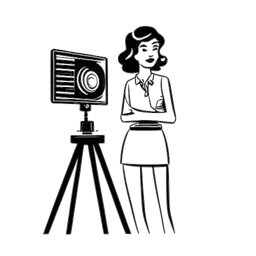 Line art drawing of a woman, representing Addison Rae, standing in front of a film clapperboard, against a white backdrop.