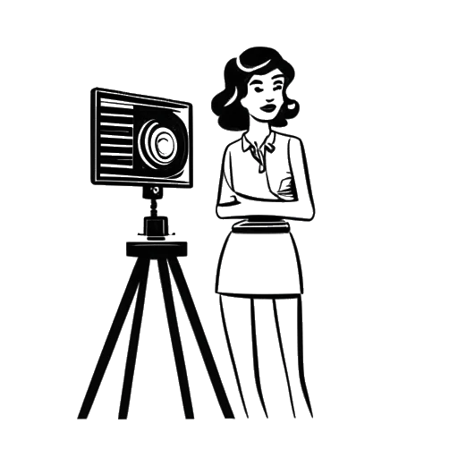 Line art drawing of a woman, representing Addison Rae, standing in front of a film clapperboard, against a white backdrop.