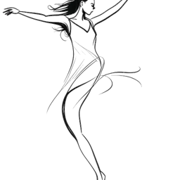 Dibujo de arte lineal de una mujer, que representa a Addison Rae, bailando alegremente frente a un fondo blanco.