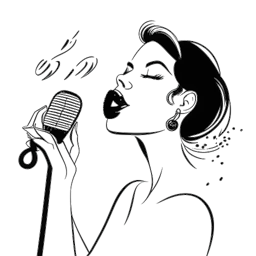 Dibujo de arte lineal de una mujer, que representa a Addison Rae, hablando en un micrófono con notas musicales flotando cerca y sosteniendo una paleta de maquillaje, frente a un fondo blanco.