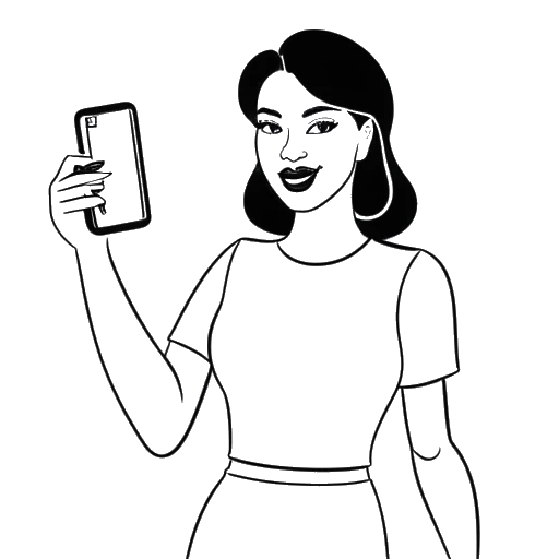Line art drawing of a young woman, representing Addison Rae, holding a clapperboard and a lipstick. The background displays a phone screen with scrolling TikTok videos, symbolizing her online fame, all against a white backdrop.