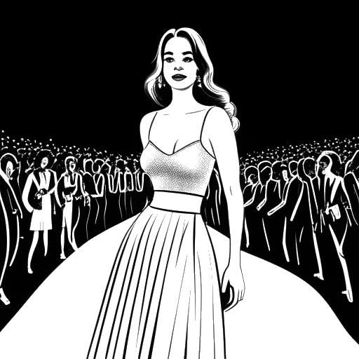 Line art drawing of a woman, representing Addison Rae, standing on a red carpet with the movie title 'He's All That' written on a banner.