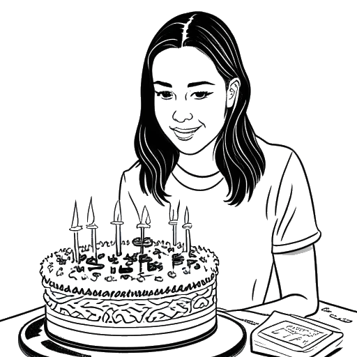 Line art drawing of a woman, representing Addison Rae, with a birthday cake emerging from a map of Louisiana.