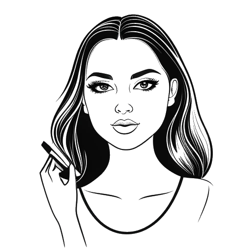 Dibujo de arte lineal de una mujer, que representa a Addison Rae, sosteniendo una paleta de maquillaje con el logo de Item Beauty.