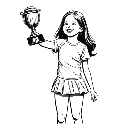 Line art drawing of a young girl, representing Addison Rae, dancing on a stage holding a trophy.