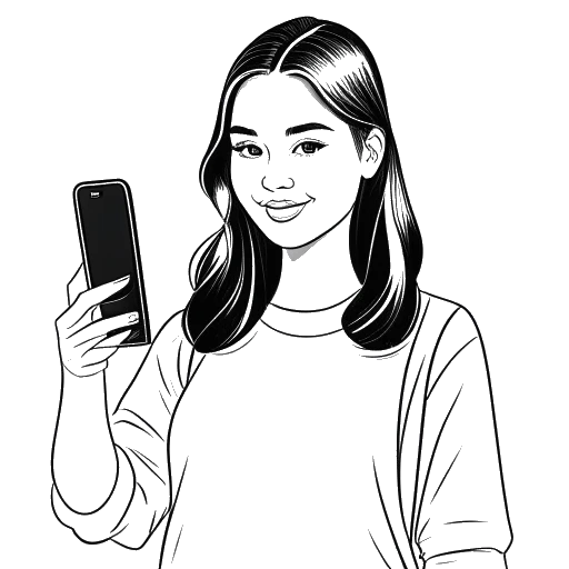 Dibujo de arte lineal de una mujer, que representa a Addison Rae, sosteniendo un diploma con un teléfono inteligente mostrando el logo de TikTok.