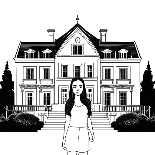 Dibujo de arte lineal de una mujer, que representa a Addison Rae, de pie frente a una gran mansión con 'The Hype House' escrito en ella.
