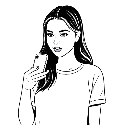 Line art drawing of a woman, representing Addison Rae, holding a smartphone with the TikTok logo and a growing follower count.