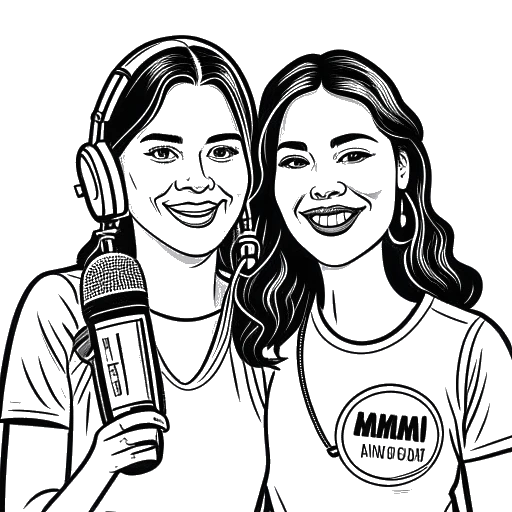 Line art drawing of Addison Rae and her mother holding microphones with the podcast logo 'Mama Knows Best' written on a banner.
