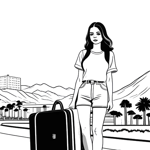 Line art drawing of a woman, representing Addison Rae, standing in front of the Hollywood sign with a suitcase.