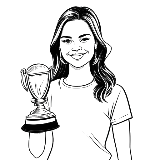 Addison Rae'yi temsil eden ve üzerinde 'En çok kazanan TikTok kişiliği' yazan bir kupa tutan bir kadının çizgi sanatı çizimi.