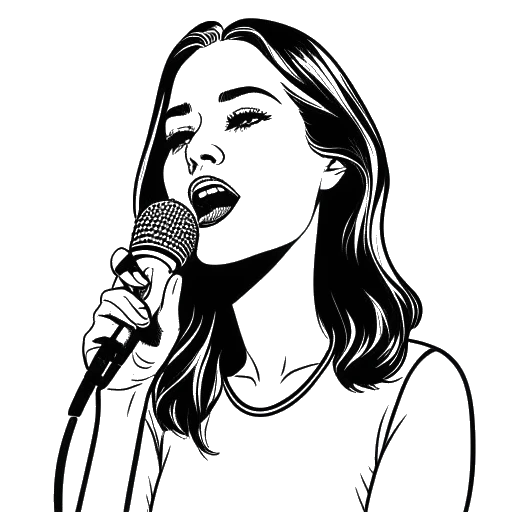 Addison Rae'yi temsil eden, kalın harflerle yazılmış 'Takıntılı' kelimesiyle mikrofon tutan bir kadının çizgi sanatı çizimi.