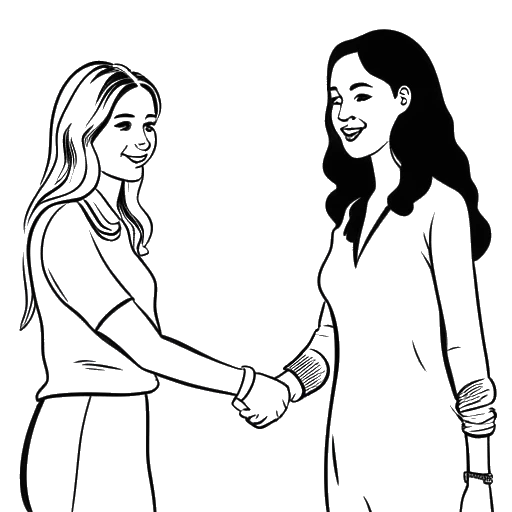 Dibujo de arte lineal de una mujer, que representa a Addison Rae, estrechando manos con una persona que representa la agencia WME.