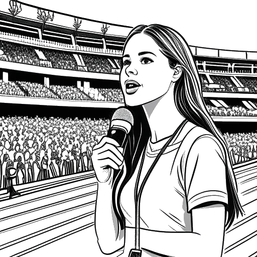 Addison Rae'yi temsil eden, arka planda bir spor stadyumu ile bir mikrofon ve defter tutan bir kadının çizgi sanatı çizimi.