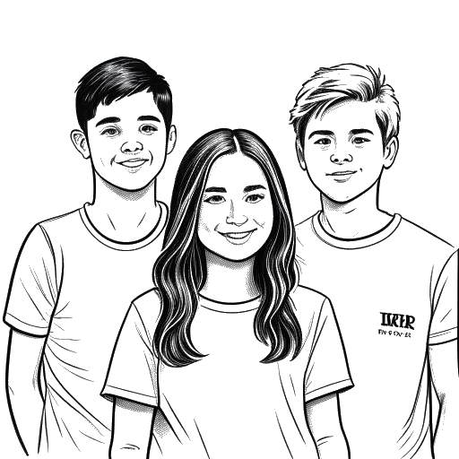 Line art drawing of Addison Rae with her two brothers Lucas and Enzo Lopez, with a banner displaying their names.
