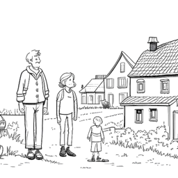 Strichzeichnung eines jungen Jungen, der Montana Black (Marcel Thomas Andreas Eris) repräsentiert, umgeben von Bildern, die auf seine Kindheit in einer kleinen deutschen Stadt mit seinen Großeltern gegen einen weißen Hintergrund hinweisen.