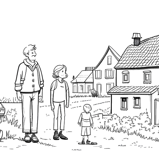 Strichzeichnung eines jungen Jungen, der Montana Black (Marcel Thomas Andreas Eris) repräsentiert, umgeben von Bildern, die auf seine Kindheit in einer kleinen deutschen Stadt mit seinen Großeltern gegen einen weißen Hintergrund hinweisen.