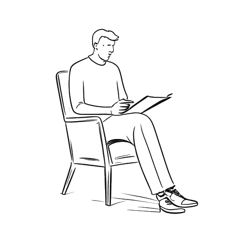 Strichzeichnung eines ruhigen Mannes, der Montana Black (Marcel Thomas Andreas Eris) darstellt, der mit einem Buch und einem Stift sitzt und seine Karriere als Schriftsteller reflektiert gegen einen weißen Hintergrund.