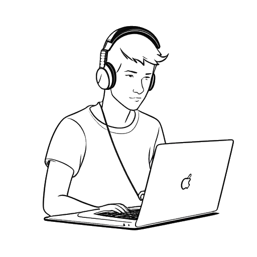 Strichzeichnung eines Mannes, der Montana Black darstellt, mit kurzen Haaren, der Kopfhörer trägt und auf einem Laptop ein Video ansieht.