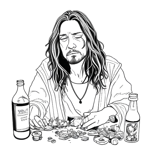 Strichzeichnung eines Mannes, der Montana Black darstellt, mit langen Haaren, der bekümmert aussieht. Im Hintergrund sind Drogen und Alkohol zu sehen.