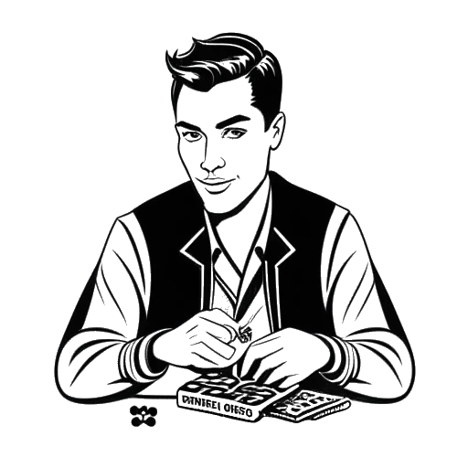 Strichzeichnung eines Mannes, der Montana Black darstellt, mit kurzen Haaren, der einen Würfel und eine Pokerkarte hält. Im Hintergrund ist ein Casino-Logo zu sehen.