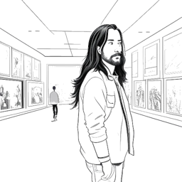 Strichzeichnung eines Mannes, der Vito Schnabel darstellt, mit langen Haaren und lässiger Kleidung. Selbstbewusst steht er vor einer modernen Kunstgalerie. Digitale Kunstwerke und NFTs sind auf Bildschirmen um ihn herum prominent präsentiert, alles vor einem weißen Hintergrund.