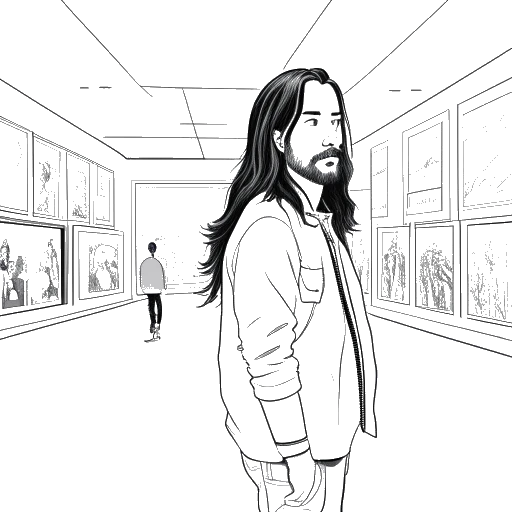Disegno in stile line art di un uomo, che rappresenta Vito Schnabel, con capelli lunghi vestito con abiti casual. Si erge con fiducia davanti a una moderna galleria d'arte. Opere d'arte digitali e NFT sono prominentemente esposte sugli schermi intorno a lui, il tutto su uno sfondo bianco.