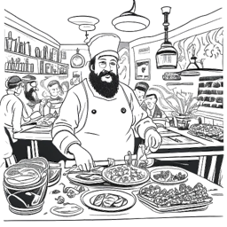 Lijnkunsttekening van een man, die Vito Schnabel vertegenwoordigt, met een baard, gekleed in chefskleding. Hij staat zelfverzekerd in een levendige restaurantscène. Kunstwerken zijn elegant geïntegreerd in het decor van het restaurant, allemaal tegen een witte achtergrond.