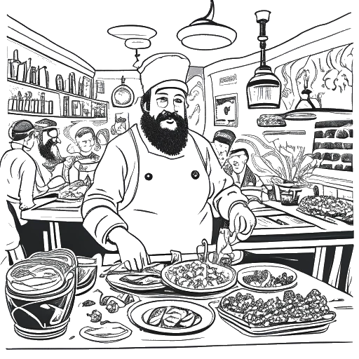 Lijnkunsttekening van een man, die Vito Schnabel vertegenwoordigt, met een baard, gekleed in chefskleding. Hij staat zelfverzekerd in een levendige restaurantscène. Kunstwerken zijn elegant geïntegreerd in het decor van het restaurant, allemaal tegen een witte achtergrond.