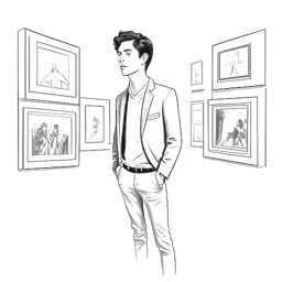Lijnkunsttekening van een man, die Vito Schnabel vertegenwoordigt, met halflang haar gekleed in stijlvolle kleding. Hij staat zelfverzekerd voor een galerieruimte gevuld met hedendaagse kunstwerken, allemaal tegen een witte achtergrond.