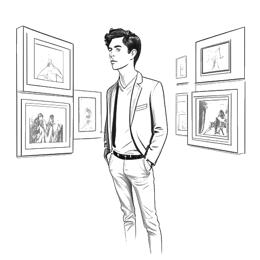 Strichzeichnung eines Mannes, der Vito Schnabel darstellt, mit mittellangem Haar und stilvoller Kleidung. Selbstbewusst steht er vor einem mit zeitgenössischen Kunstwerken gefüllten Galerieraum, alles vor einem weißen Hintergrund.