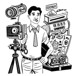 Dibujo de arte en línea de un hombre, representando a Vito Schnabel, con una expresión creativa e intensa. Él sostiene una cámara de cine y una claqueta. El fondo presenta diversos accesorios y símbolos relacionados con el cine, todo en un fondo blanco.