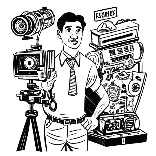 Line art drawing of a man, representing Vito Schnabel, with a creative and intense expression. He holds a movie camera and a film slate. The background features various film-related props and symbols, all against a white backdrop.