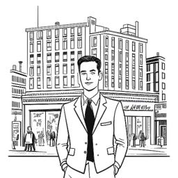 Desenho de arte linear de um homem, representando Vito Schnabel, com cabelos curtos, vestindo um terno. Ele fica orgulhoso em frente à sua galeria de arte, localizada em Manhattan, cercado por marcos icônicos da cidade de Nova York, tudo em um fundo branco.